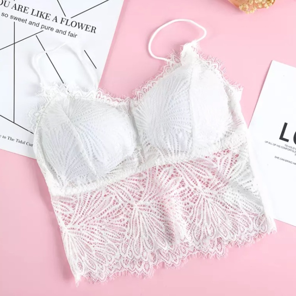 New White Floral Lace Padded Tank Crop Top